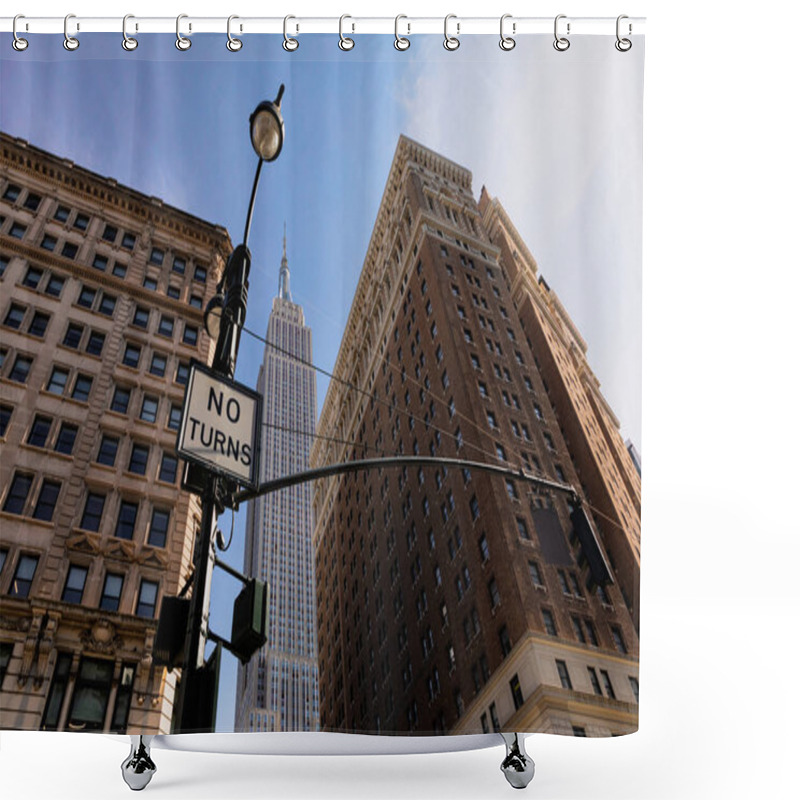 Personality  Low Angle View Of Lantern With No Turns Sign Near High-rise Houses And Empire State Building In Midtown Of New York City Shower Curtains