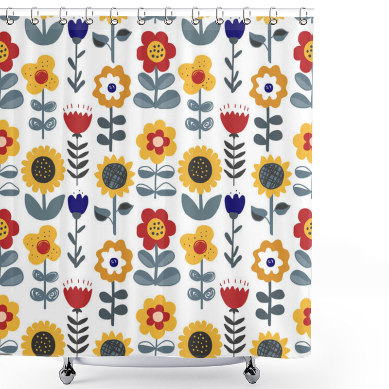 Personality  Cute Hand Drawn Flowers Seamless Pattern. Nursery Or Rustic Background In Scandinavian Style. Design For Textile, Greetings, Wallpapers, Wrapping Paper, Card, Banner. Vector Illustration. Shower Curtains