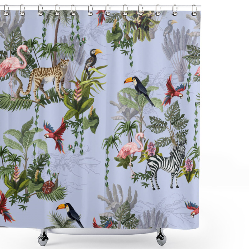 Personality  Seamless Pattern With Jungle Animals, Flowers And Trees. Vector. Shower Curtains