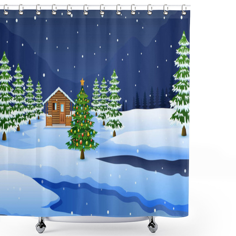 Personality  View Of Snowy Wooden House And Christmas Tree Decoration Shower Curtains