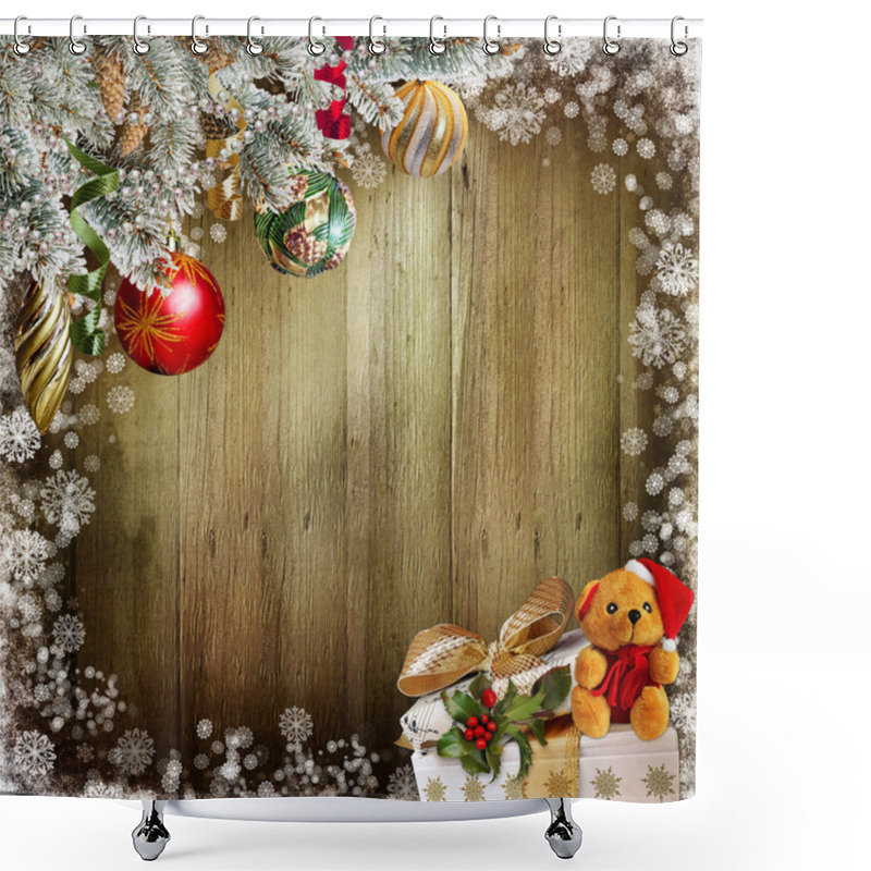 Personality  Christmas Background With Pine Branches, Balls, Gifts And Toys Shower Curtains