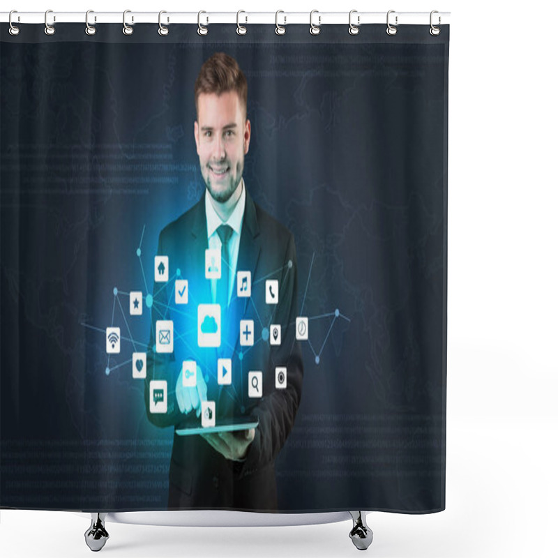 Personality  Young Businessman With Tablet And Application Shower Curtains