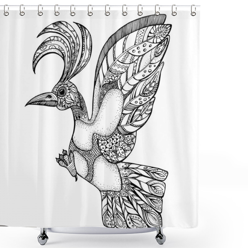 Personality  Hand Drawn Line Art Of Single Bird With Ornaments Shower Curtains