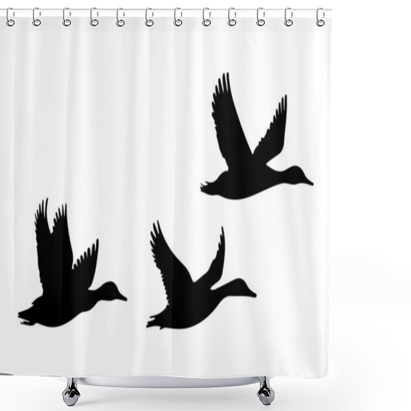 Personality  Ducks In Flight Silhouettes On A White Background Shower Curtains