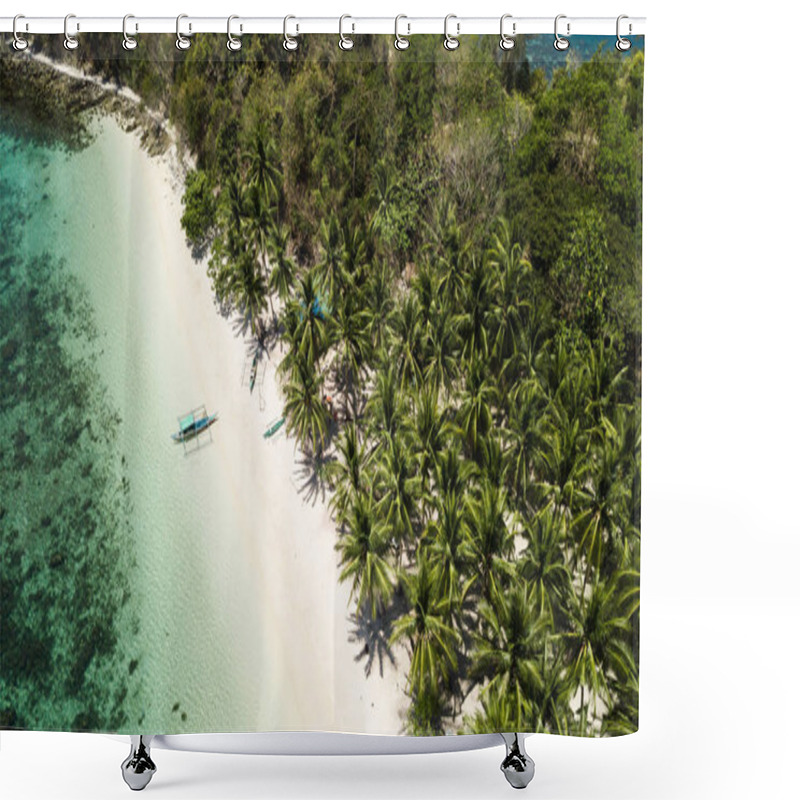 Personality  Top View Of A Traditional Filipino Boat In A Tropical Beach In Port Barton, Palawan, The Philippines Shower Curtains