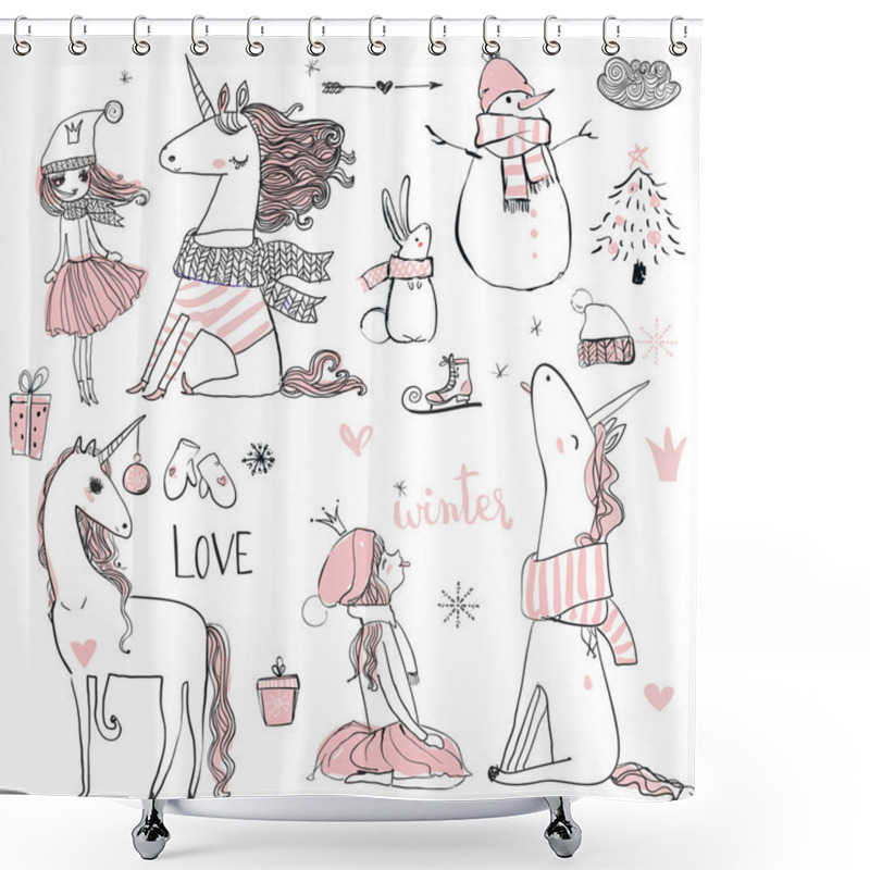 Personality  Doodle Princess With Unicorn Shower Curtains