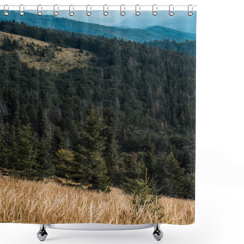 Personality  Yellow Lawn With Barley In Mountains With Green Pines Shower Curtains