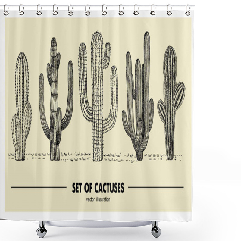 Personality  Vector Set Of Hand Drawn Cactus. Sketch Illustration. Different Cactuses In Monochrome Style Shower Curtains