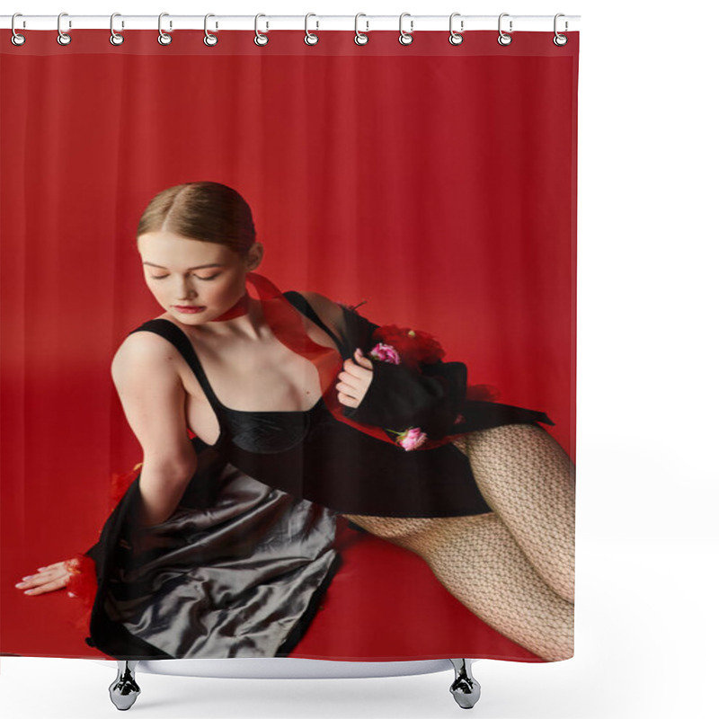 Personality  A Beautiful Young Woman Sits Elegantly, Adorned With Flowers On A Bold Red Backdrop. Shower Curtains