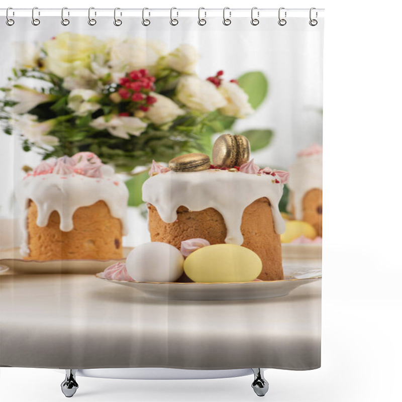 Personality  Selective Focus Of Delicious Easter Cake With Golden French Macaroons And Meringue On Icing Near Floral Bouquet And Eggs Shower Curtains