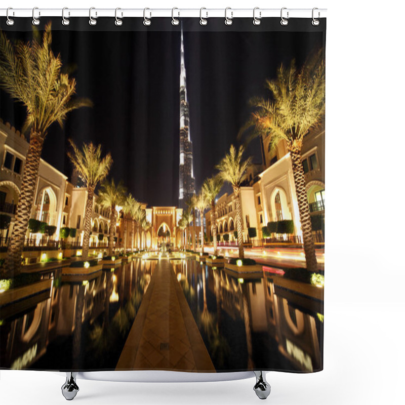 Personality  Burj Dubai, Night Dubai Street With Palms And Pool General View, Shower Curtains