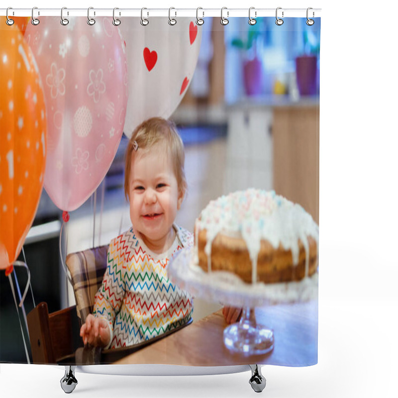 Personality  Adorable Little Baby Girl Celebrating First Birthday. Baby Eating Marshmellows Decoration On Homemade Cake, Indoor. Birthday Party For Cute Toddler Child, Beautiful Daughter Shower Curtains