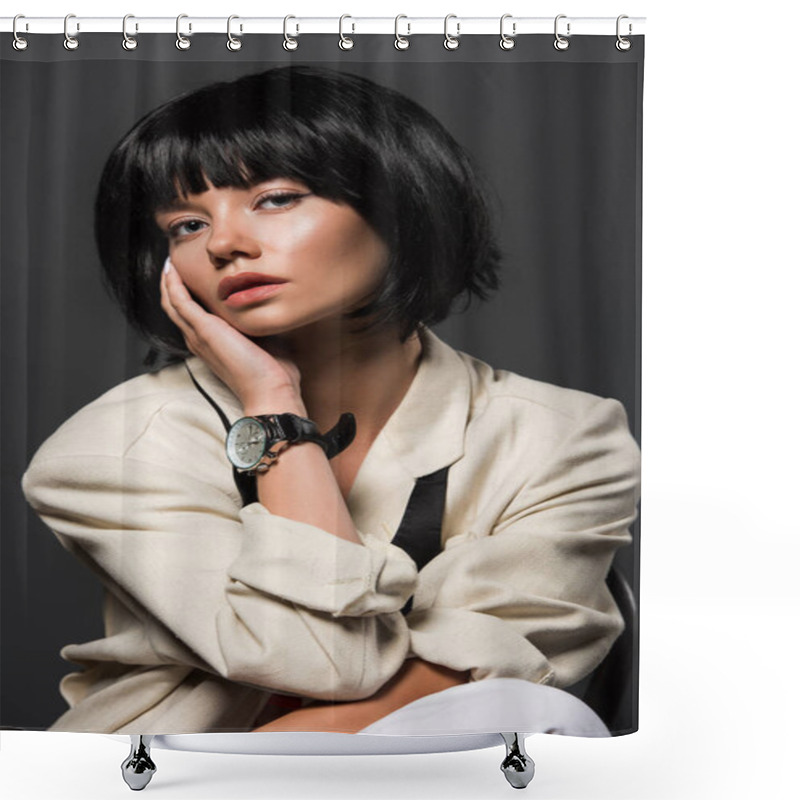 Personality  Close-up Portrait Of Young Woman In Stylish Jacket With Male Wrist Watch Isolated On Grey Shower Curtains