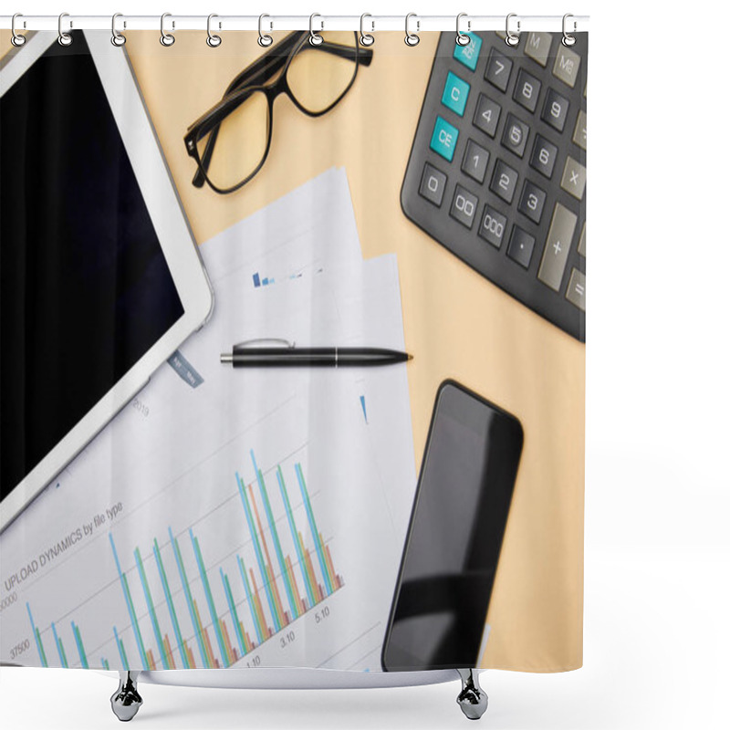 Personality  Top View Of Papers, Pen, Calculator, Smartphone, Digital Tablet And Glasses On Table  Shower Curtains