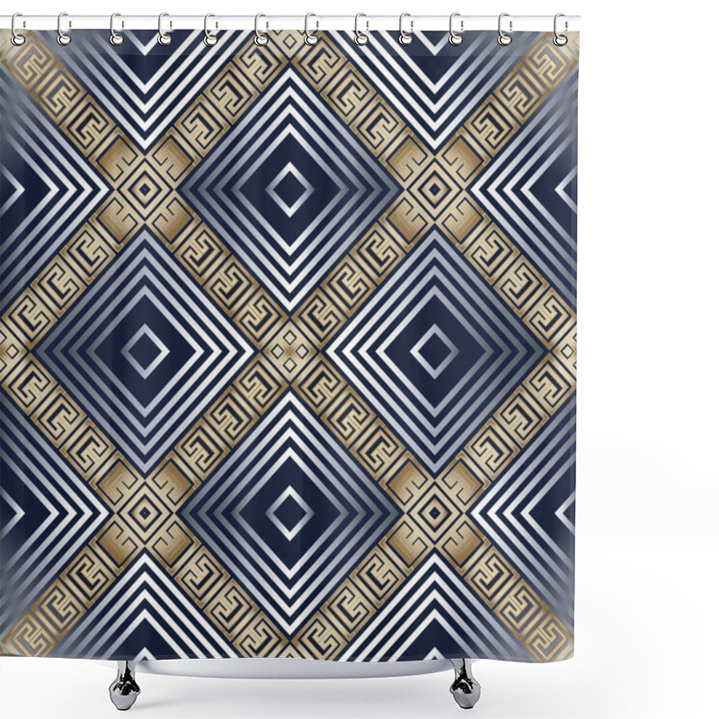 Personality  Geometric Waffle Greek Seamless Pattern. Vector Ornamental Striped Background. Rhombus Frames, Stripes. Tribal Ethnic Style Repeat Backdrop. Greek Key Meanders Trendy Ornament. Abstract Modern Design. Shower Curtains