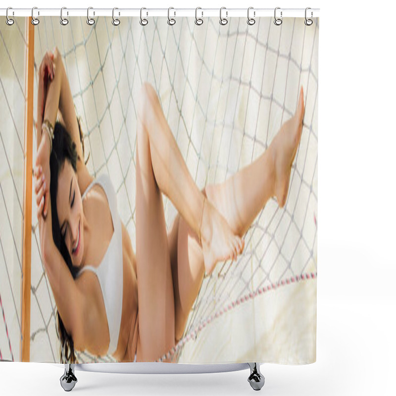 Personality  Panoramic Shot Of Beautiful Sexy Girl In Bikini Smiling While Lying In Hammock On Beach Shower Curtains