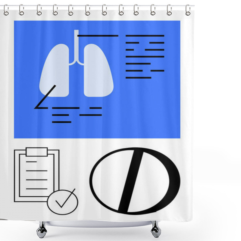 Personality  Lungs Overview With Medical Annotations, Checklist With Tick Mark, And Pill Representation. Ideal For Healthcare, Diagnosis, Pulmonology, Medicine, Pharmaceuticals, Prevention Abstract Line Flat Shower Curtains