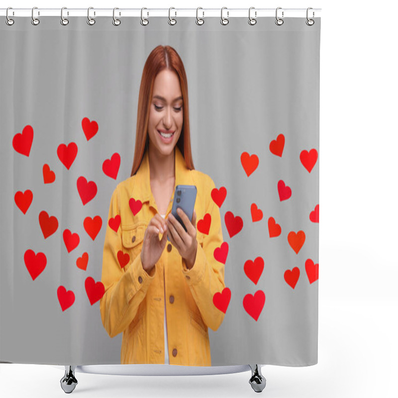 Personality  Long Distance Love. Woman Chatting With Sweetheart Via Smartphone On Grey Background. Hearts Flying Out Of Device And Swirling Around Her Shower Curtains