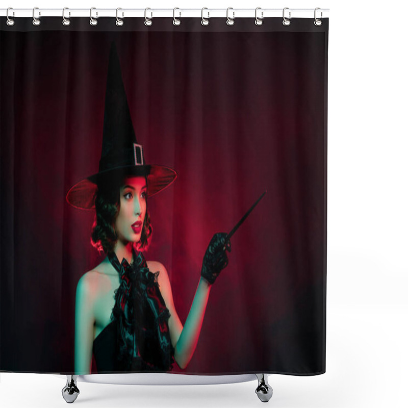 Personality  Photo Of Frightening Mystic Lady Wear Black Dress Point Magic Wand Empty Space Isolated Dark Red Smoke Color Background Shower Curtains