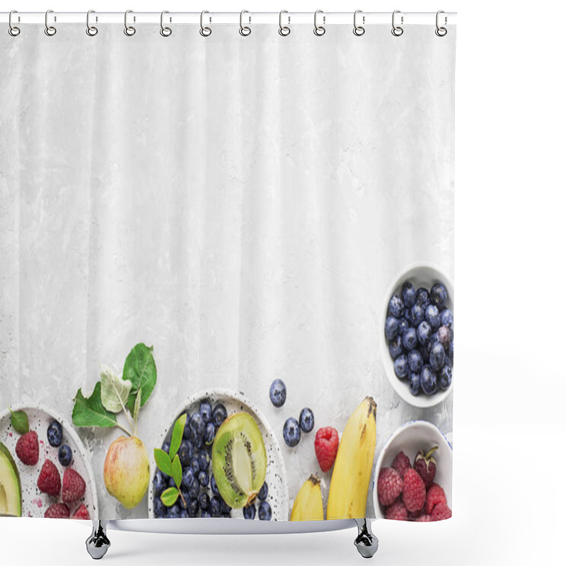 Personality  Ingredients Of Healthy Breakfast: Granola, Cereal, Nuts, Berries, Fruits, Avocados, Raspberries, Blueberries, Honey Comb, Pears Apples Kiwi Banana Full Of Fiber And Vitamins Top View Shower Curtains