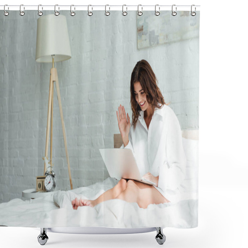 Personality  Attractive Woman In White Shirt Smiling And Having Video Call At Morning  Shower Curtains