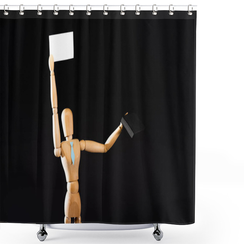 Personality  Wooden Marionette In Tie With Suitcase Holding Blank Placard Isolated On Black Shower Curtains