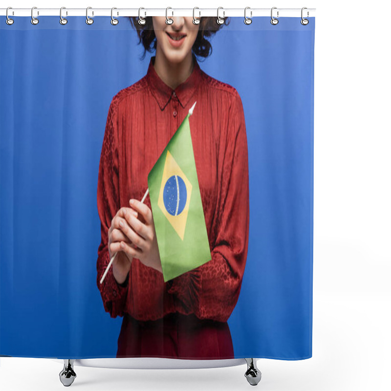 Personality  Cropped View Of Happy Language Teacher Smiling While Holding Flag Of Brazil Isolated On Blue  Shower Curtains