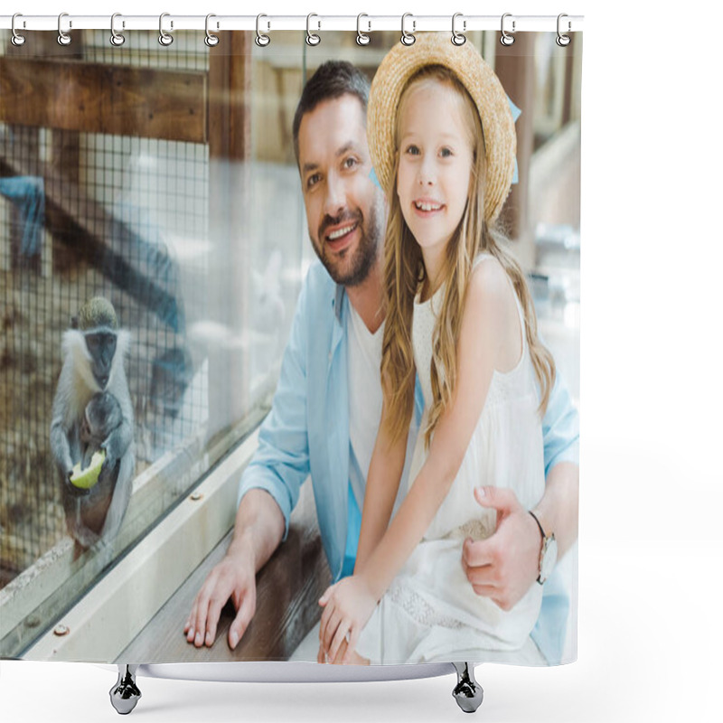 Personality  Happy Father And Daughter Looking At Camera Near Monkey While Sitting Near Window In Zoo  Shower Curtains