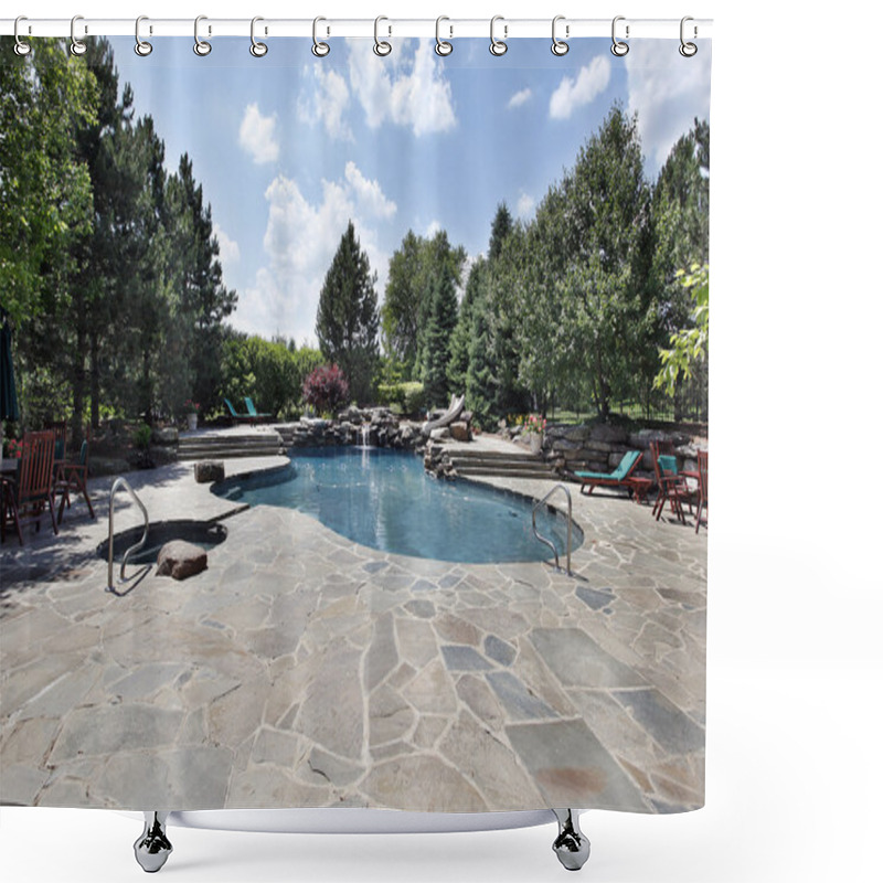 Personality  Swimming Pool With Large Stone Patio Shower Curtains