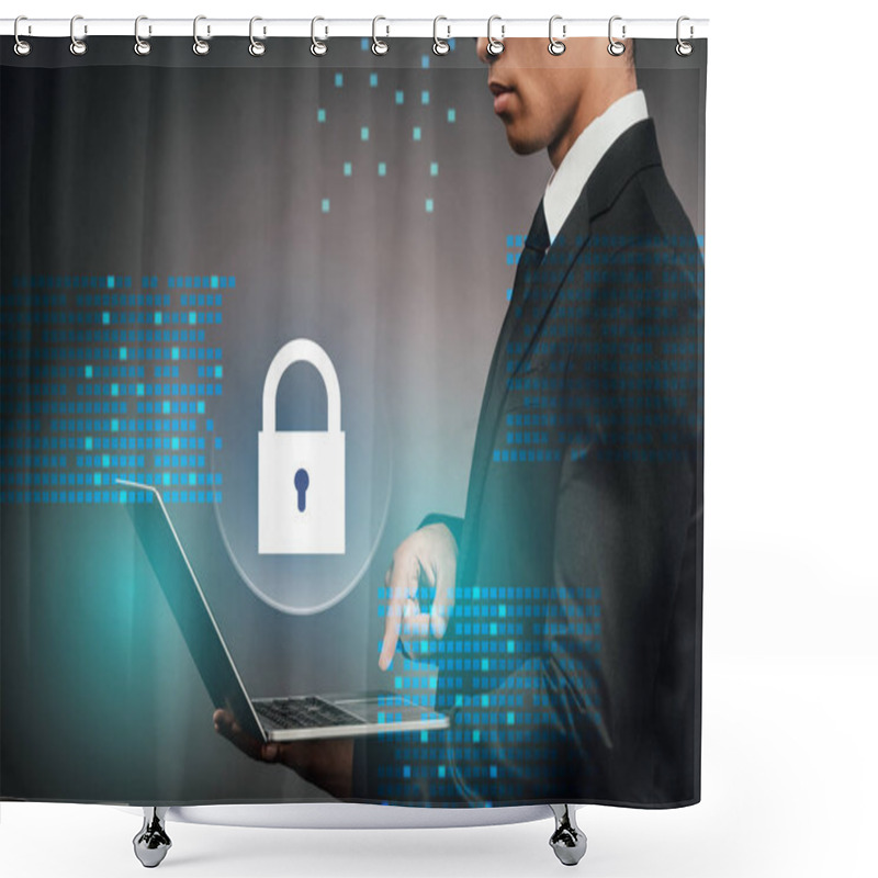 Personality  Partial View Of African American Businessman Using Laptop On Dark Background With Internet Security Illustration Shower Curtains