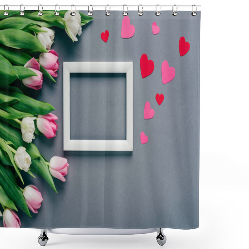 Personality  Top View Of White Empty Frame With Paper Hearts And Tulips On Grey Background Shower Curtains