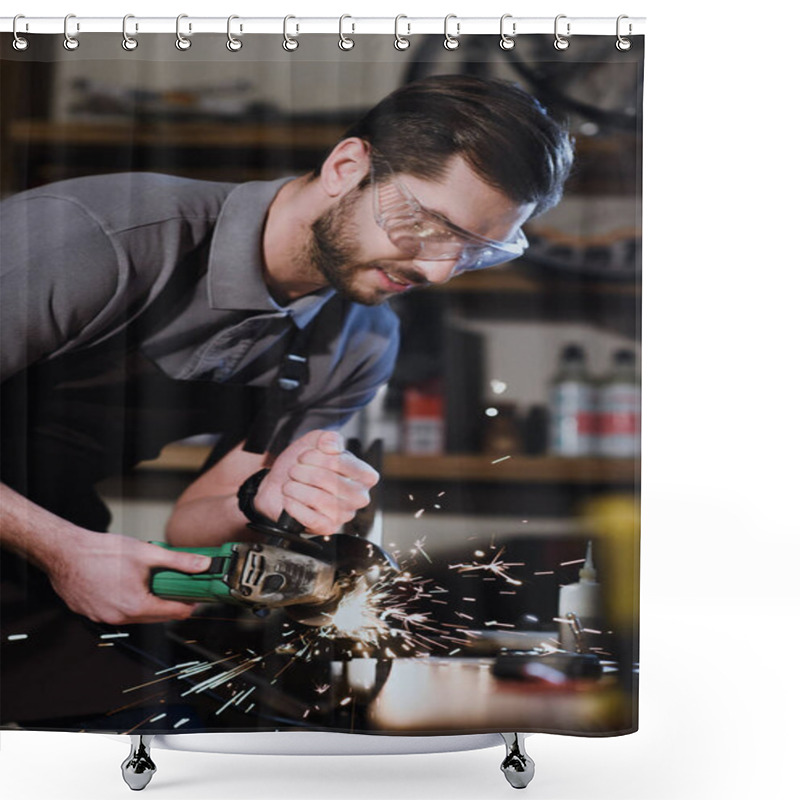 Personality  Young Man In Protective Goggles Cutting Metal With Angle Grinder In Workshop Shower Curtains