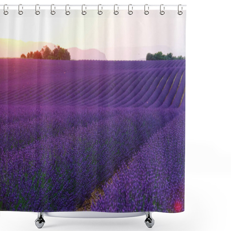 Personality  DRONE: Evening Sun Rises From Behind Hills And Illuminates Fields Of Lavender. Shower Curtains