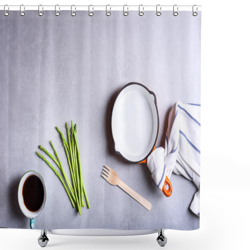 Personality  Kitchenware Kitchen Utensils, Cooking Background With Ingredients, Frypan, Asparagus, Coffee Cup Prepared For Breakfast, Top View, Copy Space. Shower Curtains