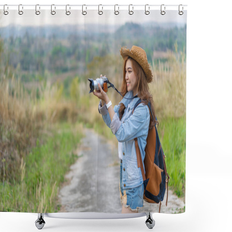 Personality  Tourist Woman Taking A Photo With Her Camera In Nature Shower Curtains