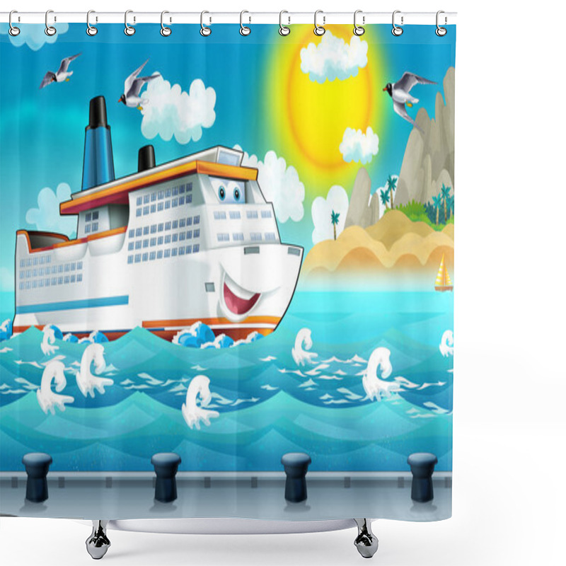 Personality  Cartoon Scene With A Cruiser Ship Sailing Into The Port Shower Curtains