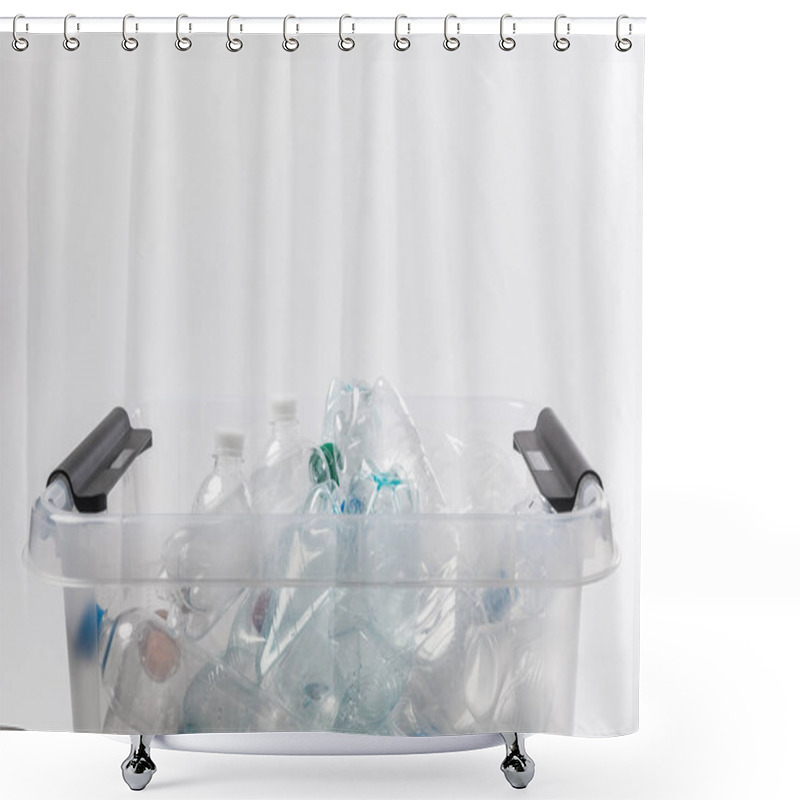 Personality  Close Up View Of Container With Plastic Bottles Isolated On Grey, Recycling Concept Shower Curtains