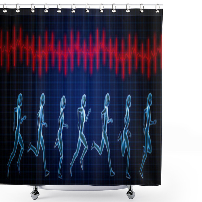 Personality  Sportswoman Running Sequence Movements And Heartbeat Ekg Curve. 3d Rendering Illustration. Sport, Fitness, Health, Human Biomechanics, Medical, Heart Rate Concepts. Shower Curtains