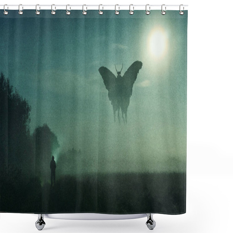 Personality  A Horror Concept. Of A Man Looking At A Mysterious Monster Mothman Figure, Flying In The Sky. Silhouetted Against The Moon At Night. With A Grunge, Textured Edit.  Shower Curtains