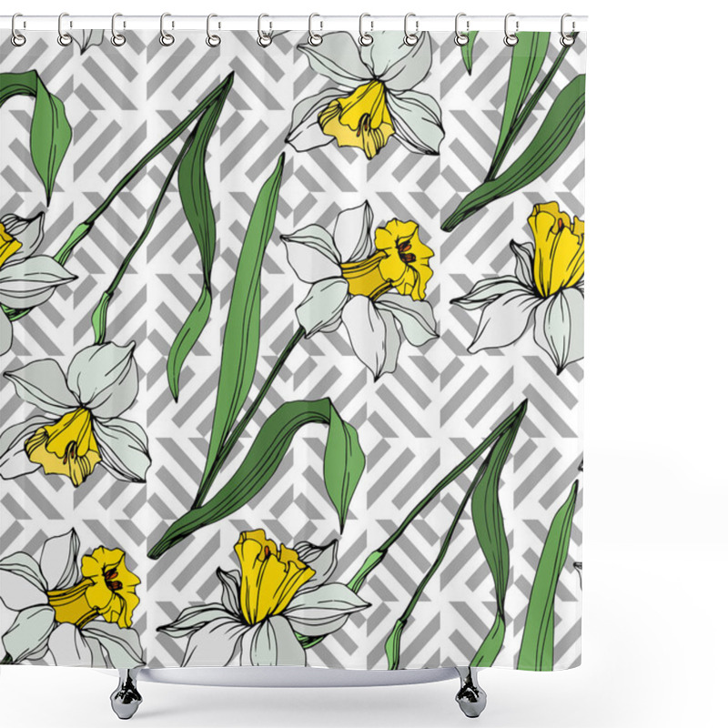 Personality  Vector White And Yellow Narcissus Flowers With Green Leaves. Engraved Ink Art On White Background. Seamless Background Pattern.  Shower Curtains