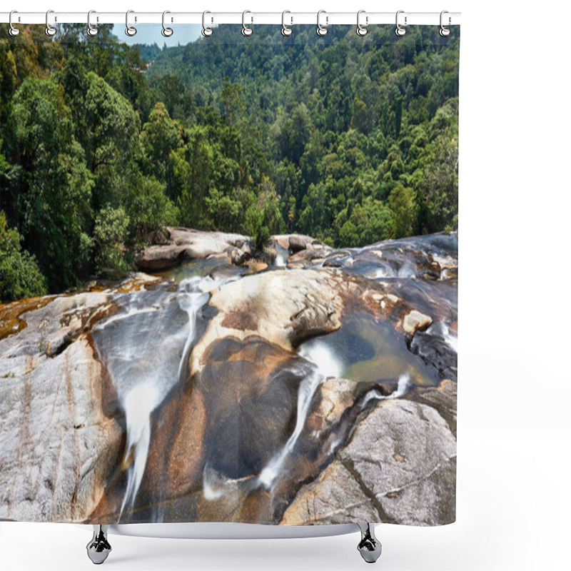 Personality  LANGKAWI, MALAYSIA - OCTOBER 15.2019: Long Exposure Of Seven Wells Waterfall On Langkawi Island Malaysia Shower Curtains