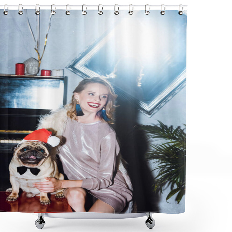 Personality  Woman With Pug In Santa Hat Shower Curtains