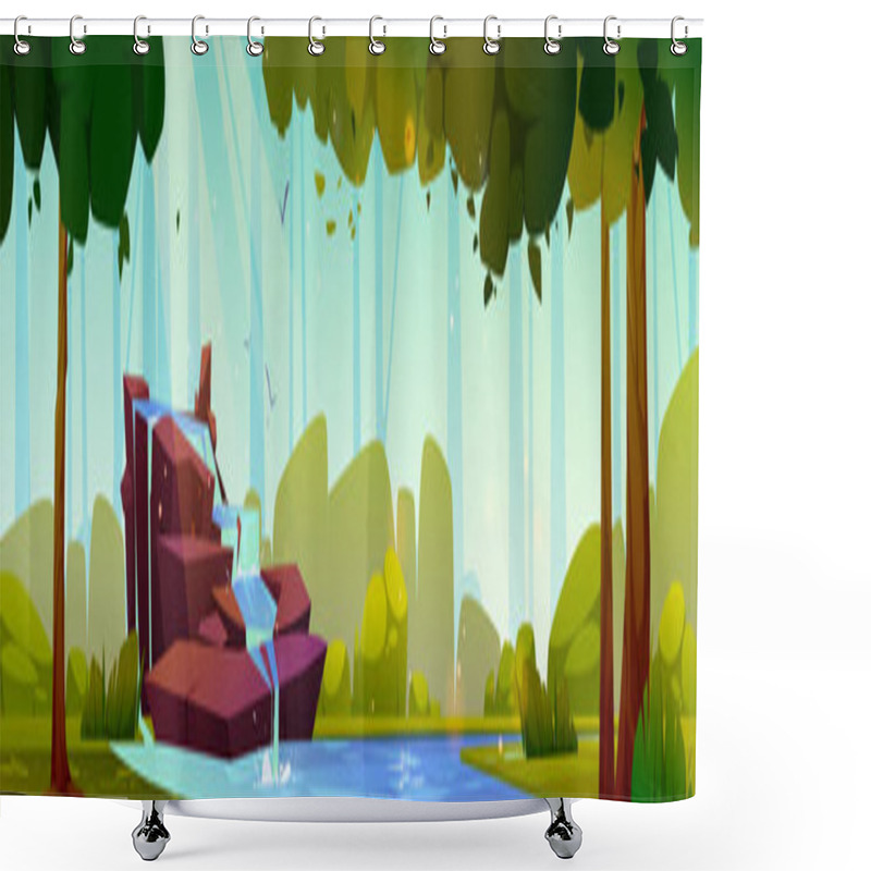 Personality  Waterfall In Forest, Cascade Jet At Summer Nature Landscape. Cartoon Panoramic View Of Stream Flow From Rocks, Fall To Lake With Green Trees Around. Wild Area, Beautiful Parkland, Vector Illustration Shower Curtains