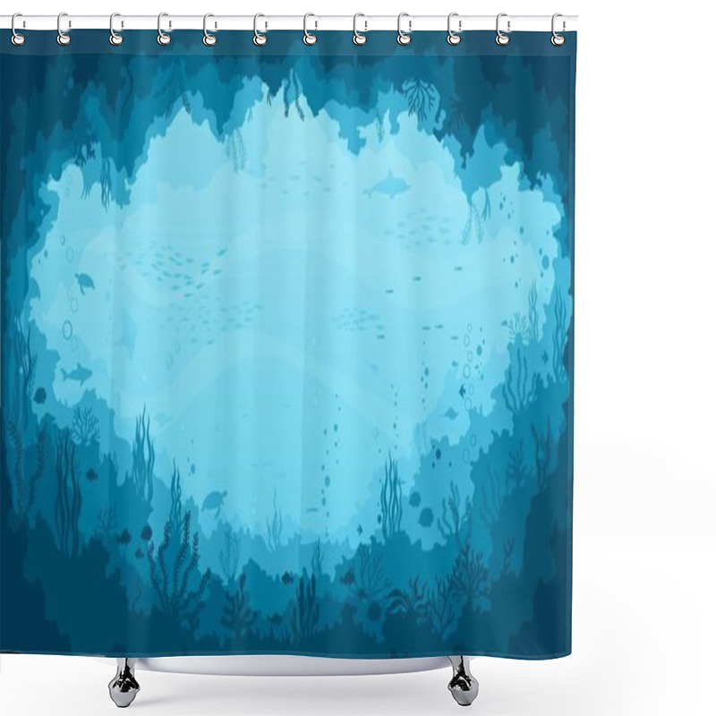 Personality  Deep Sea Cave Landscape With Seaweed And Reef, Dolphins And Turtles, Fish School. Seafloor Life, Ocean Reef Vector Background With Coral Reef Fish And Animals. Seabed Underwater Scene Landscape Shower Curtains