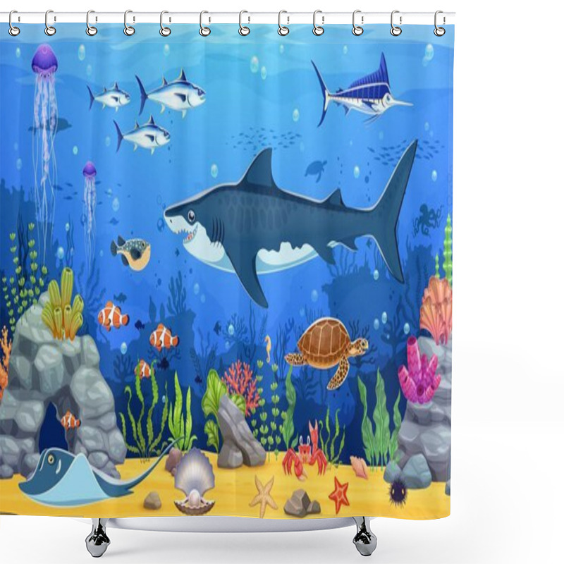 Personality  Game Map Underwater Landscape With Cartoon Sea Animals Like A Shark, Fish Shoals And Turtle, Tuna And Jellyfish Swimming Between Seaweeds. Vector Wallpaper Or Background, Game Seafloor Location Level Shower Curtains