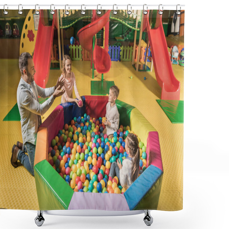 Personality  High Angle View Of Happy Family With Two Adorable Kids Playing With Colorful Balls In Entertainment Center  Shower Curtains