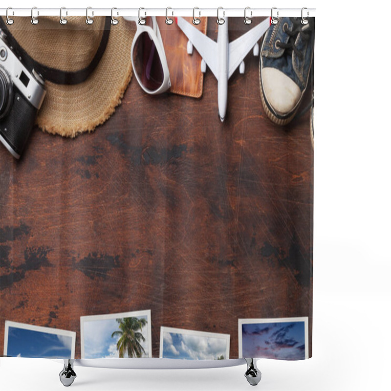 Personality  Travel Vacation Background Concept With Sunglasses, Hat, Camera, Passport, Airplane Toy And Weekend Photos On Wooden Backdrop. Top View With Copy Space. Flat Lay. All Photos Taken By Me Shower Curtains