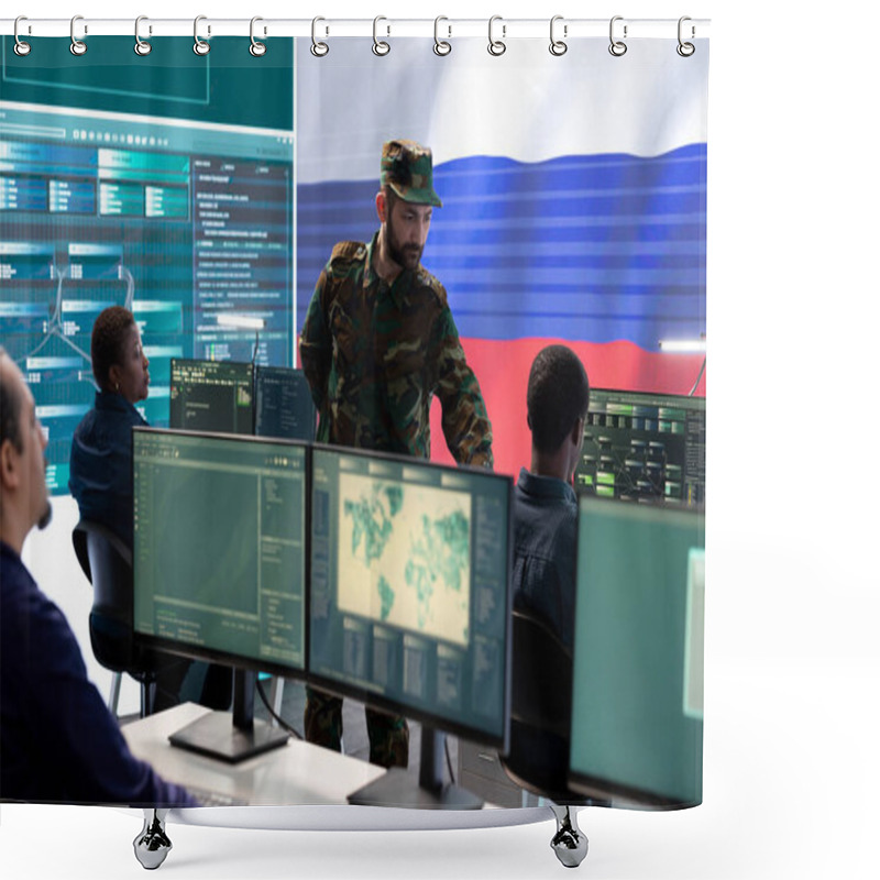 Personality  Russian Federation Soldier Installing Panic With Fake News And Propaganda During Hybrid War Tactics, Hacking Activity. Military Hackers Stealing State Secrets, Digital Mercenaries. Shower Curtains