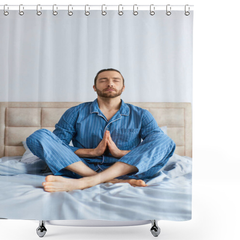 Personality  Handsome Man Sitting On Bed, Deep In Yoga Practice. Shower Curtains