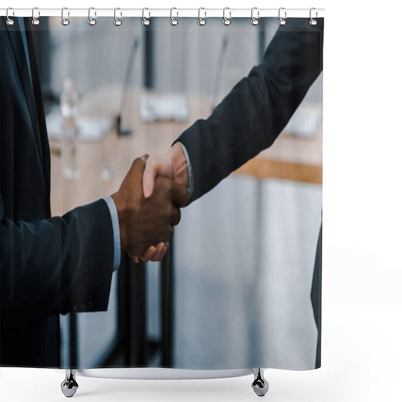 Personality  Cropped View Of Businesswoman Shaking Hands With African American Diplomat  Shower Curtains